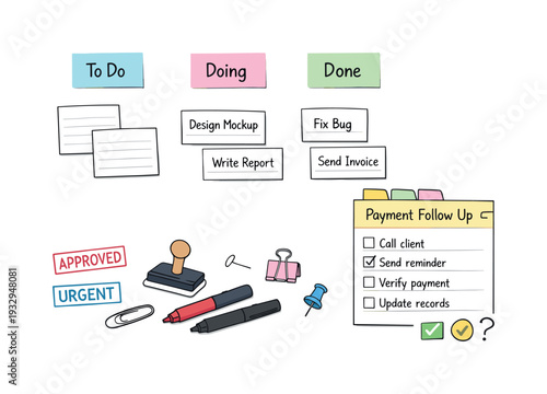 Kanban task cards on paper, column headers on sticky notes, stamps and markers, checklist symbols for Payment follow up notes