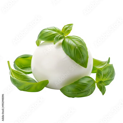 A white ball of mozzarella cheese with green basil leaves