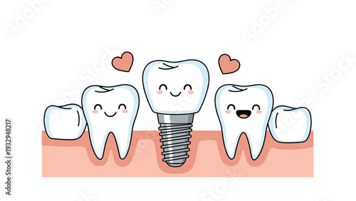 Friendly dental illustration depicts healthy white teeth alongside a successful dental implant procedure to promote oral hygiene and dental care.