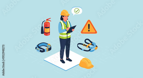 Safety Officer Vector Illustration with Fire Extinguisher and Safety Harness on Blue Background