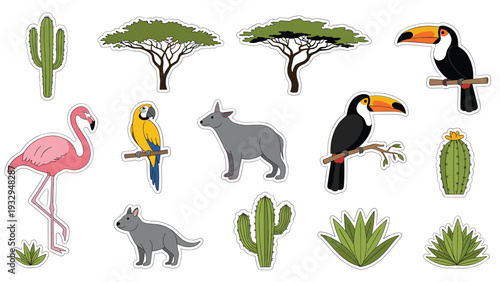 Colorful set of tropical animal and nature stickers includes images of a flamingo, toucan, parrot, exotic trees, and various desert cacti.