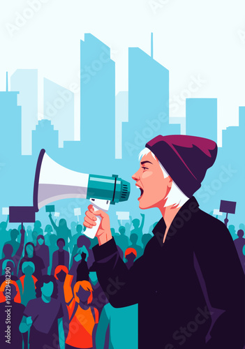 Woman with Megaphone Speaking to Crowd in City Silhouette - Vector Illustration