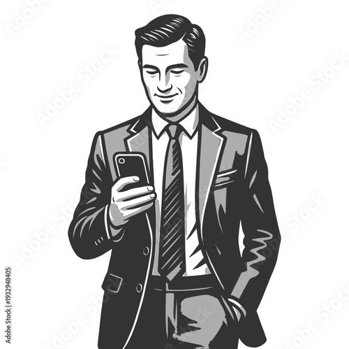 confident businessman in suit looking at smartphone, modern professional communication concept sketch engraving generative ai fictional character vector illustration. Scratch board. Black and white.