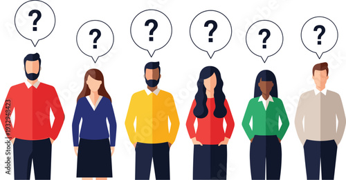 People with question marks vector illustration confused business team thinking problem solving concept isolated design