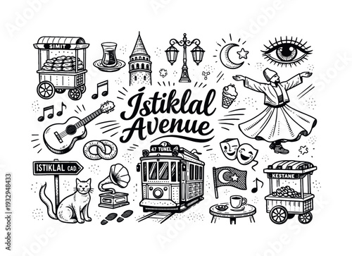 Istiklal Avenue Doodles. Istiklal Avenue iconic icons, hand drawn doodle elements set, center hand-lettered title, black & white