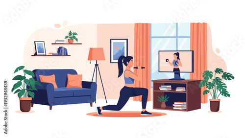 Young woman practicing lunges with dumbbells at home while watching online training on television in a cozy living room.