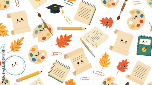 Seamless pattern with cute school supplies including notebooks palettes pencils and autumn leaves with happy smiling faces.