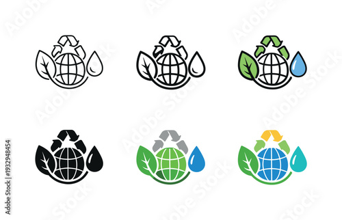 Eco-Friendly Icon Array. Sustainable commerce symbol showing a leaf, globe, recycling icon, and water drop, conveying