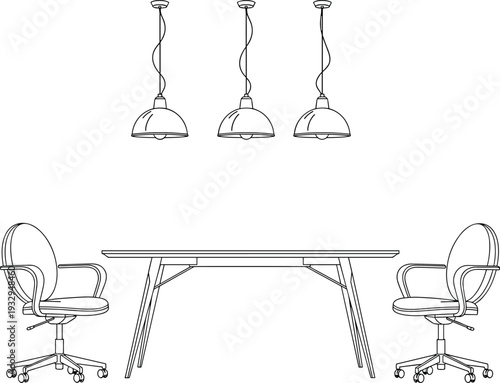 Minimalist modern workspace interior with wooden desk, swivel chairs and pendant lights, line art illustration isolated on white background