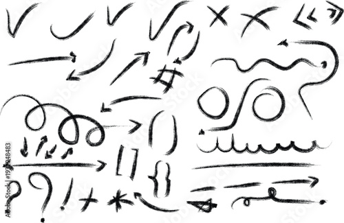 A collection of abstract symbols and scribbles on a white background