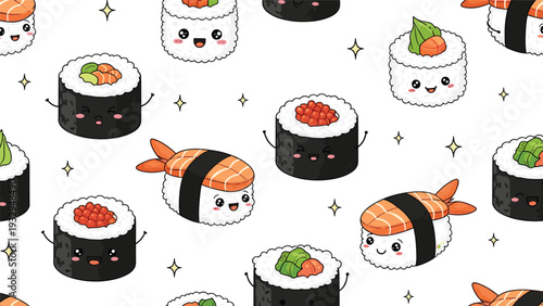 Seamless pattern of adorable sushi characters with kawaii faces and sparkles on a clean white background for food themes.