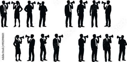 Business people silhouettes with megaphones, corporate communication announcement concept flat vector illustration set isolated on white background
