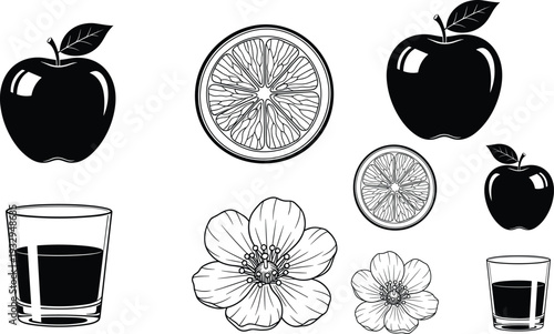 Apple fruit silhouettes and blossom collection, juice glass flat vector illustration set isolated on white background