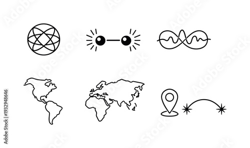 Line vector icons of two entangled particles blinking in unison across continents (synchronized quantum pair): particle sphere,