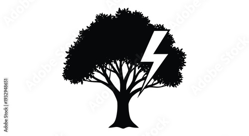 A striking black silhouette of a full tree being struck by a jagged bolt of lightning embodying power