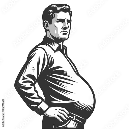 overweight adult man in side view, highlighting large belly and obesity health concept sketch engraving generative ai fictional character vector illustration. Scratch board imitation. Black and white.