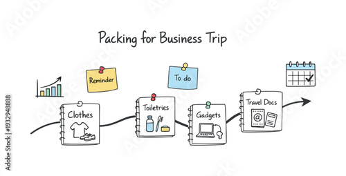 Milestone roadmap path, notebook strips as checkpoints, mini chart and calendar icons, pinned sticky notes for Packing for