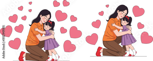 Mother hugging daughter with hearts, loving family relationship flat vector illustration isolated on white background for mothers day