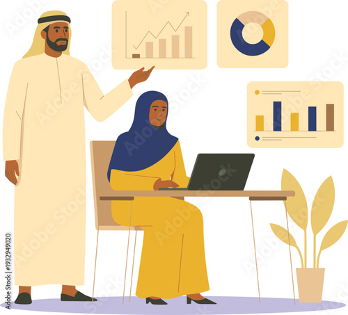 Arab business team analyzing financial reports, corporate data analytics strategy meeting professional office collaboration growth concept illustration