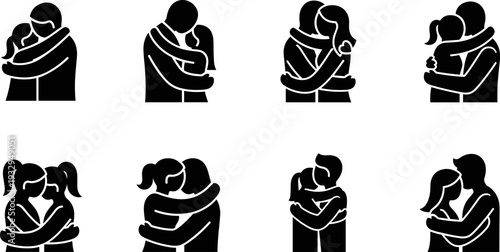 Collection of diverse couple hug icons representing love, affection, and relationships