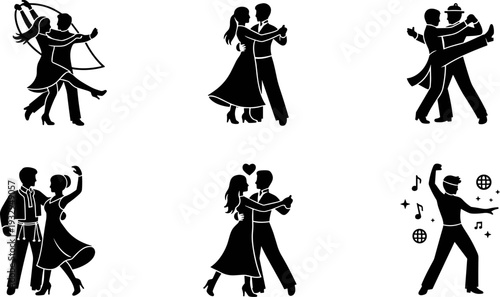 Collection of diverse couples dancing and celebrating in silhouette style