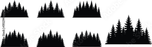 Pine forest silhouettes collection, evergreen tree landscape flat vector illustration set isolated on white background for nature design