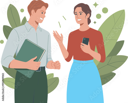 Business colleagues talking flat vector illustration professional man and woman discussion communication teamwork office collaboration concept