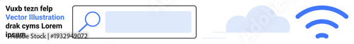 Digital technology, online search, cloud computing, internet services, wireless connectivity, data transfer. Search bar, cloud icon and wireless signal illustration. Internet services and cloud