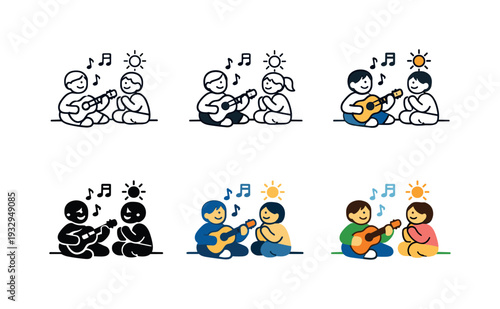 Joyful Life Icons Grid. Happy daily life icon depicting people in joyful, playful scenarios engaging in small fun activities