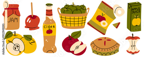 Flat vector illustration of apple food collection including fresh apples, jam, cider, juice box, pie, chips and snacks. Cute hand drawn style, isolated on light background.