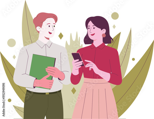 Business colleagues discussing smartphone together flat vector illustration professional man and woman communication teamwork collaboration concept