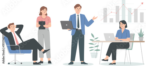 Business team meeting with financial growth chart, corporate strategy discussion, office collaboration professional teamwork success concept illustration