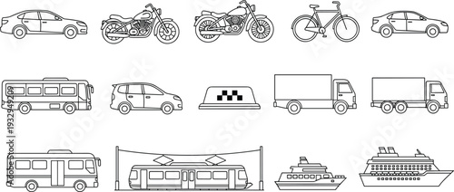 Transportation line art icon set with cars, bus, train, bicycle, motorcycle, truck and ship outline collection