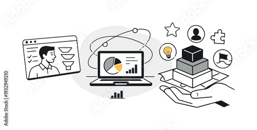 Modern minimal flat vector conceptual collage, crisp hard edges, consistent THIN outline stroke, rounded corners where needed,