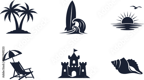 Collection of beach and summer icons: palm trees, surfboard, sunset, deck chair, sandcastle, and seashell