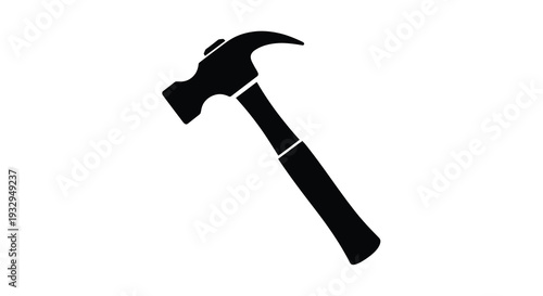 A stark black graphic representation of a common claw hammer angled diagonally against a white backdrop silhouette high quality
