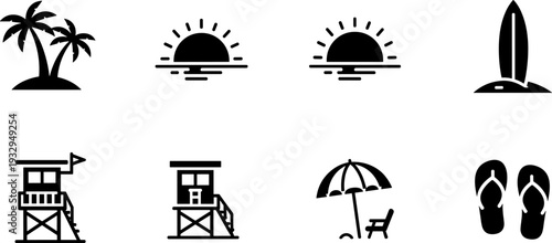 Collection of beach and summer icons including palm trees, sunsets, lifeguard tower, and surfboard