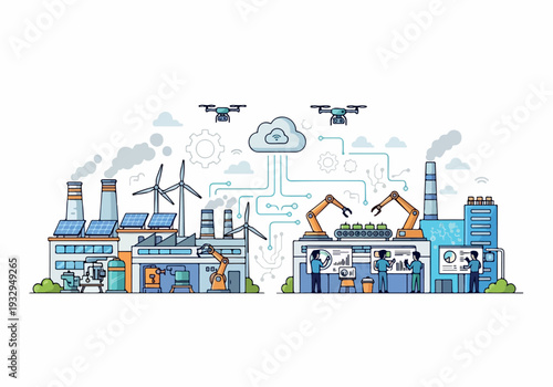 Industrial automation and smart factory technology with drones and cloud computing
