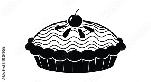 A striking black and white illustration depicts a cherry pie with a wavy crust presented as a silhouette