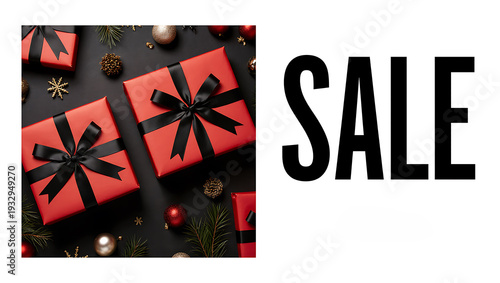 Red gift boxes with black ribbons on dark background and bold SALE text. Holiday promotion concept, seasonal discount banner with copy space for advertising and retail campaigns.