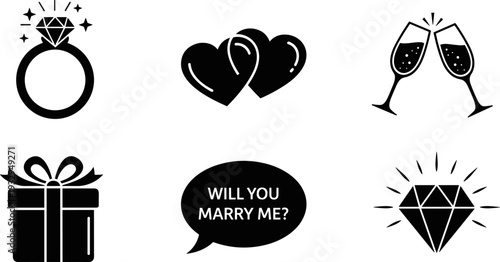 Wedding proposal icons including ring, hearts, champagne, gift, and diamond