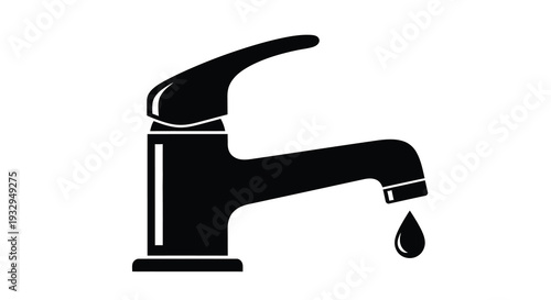 A sleek modern bathroom faucet depicted in a striking black form showing a single water droplet silhouette high quality