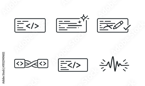 Line vector icons of a line of code written by AI and corrected by a developer (assisted coding): code strip, generated piece,
