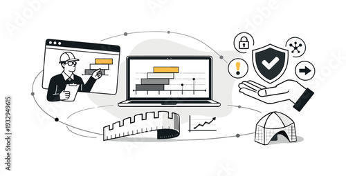 Modern minimal flat vector conceptual collage, crisp hard edges, consistent THIN outline stroke, rounded corners where needed,