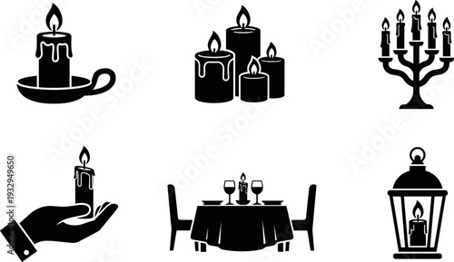 Collection of six black candle icons representing different lighting and romantic settings
