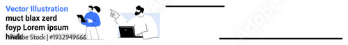 Teamwork, business communication, office collaboration, idea sharing, digital workspace, project management. Two colleagues working together, one with a laptop and another pointing. Teamwork