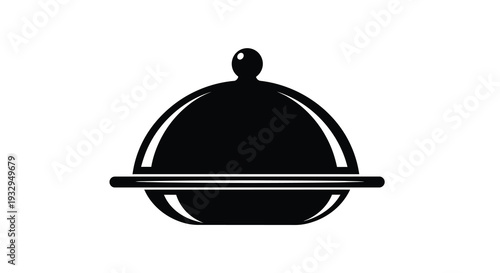 A minimalist black silhouette depicts a covered serving dish on a plate evoking culinary elegance and simplicity silhouette