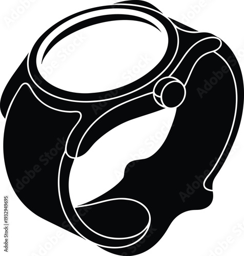 Stylized black and white wristwatch with round face and curved band