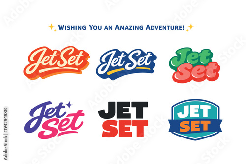 Modern holiday banner with short greeting slogan featuring modern lettering logo set for Jet Set, stock-ready travel wordmark