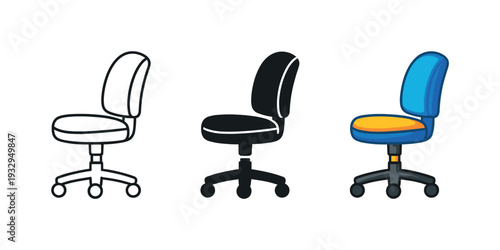 Facilitating discussion shown by a padded swivel office chair with curved backrest and central column base seen in profile, same